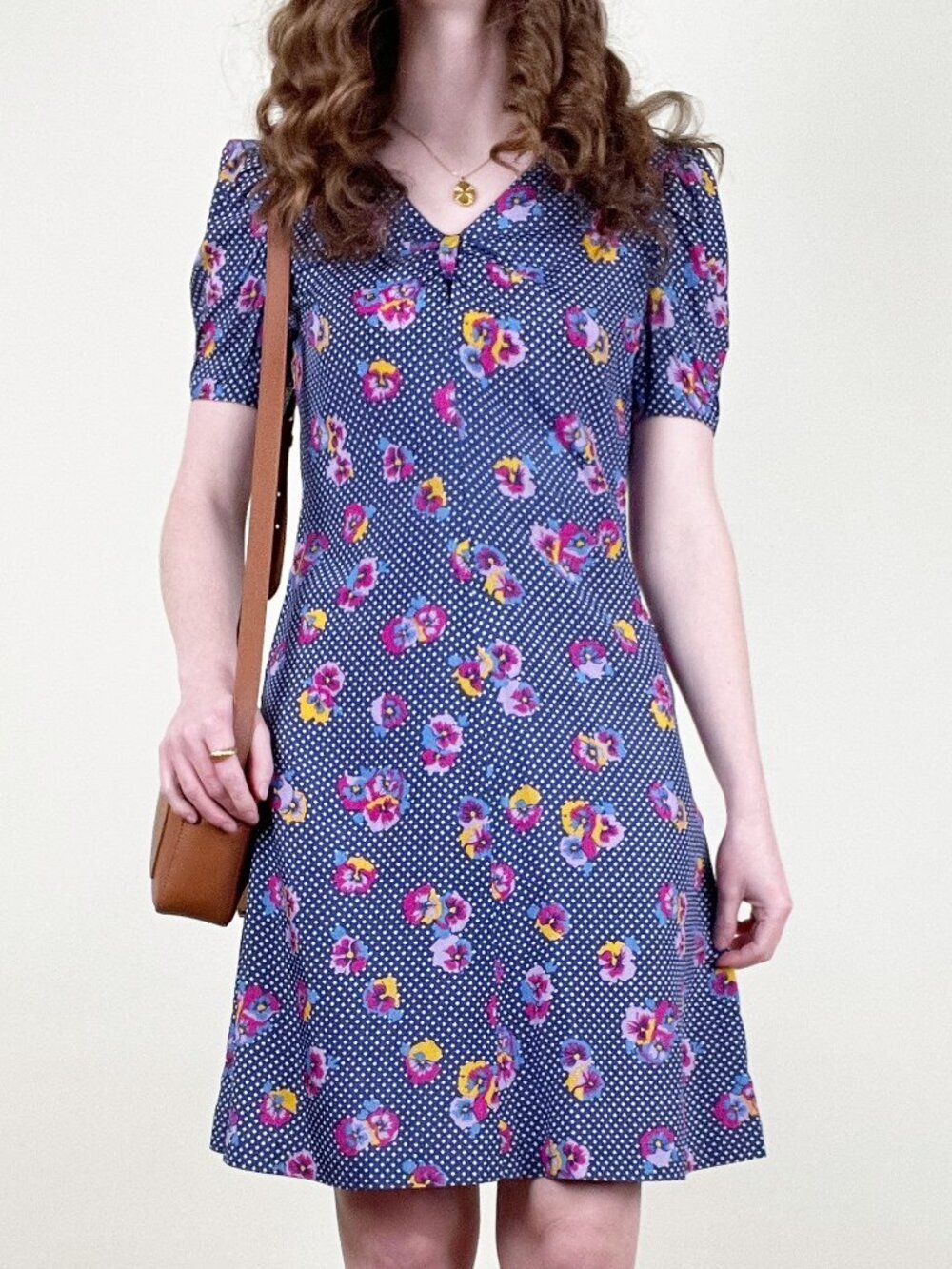 Vintage 70s Floral Pansy Print Handmade Mini Midi Dress Summer Spring Sundress